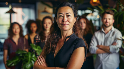 Obraz premium A confident businesswoman standing in an office with a diverse group of colleagues blurred in the background.