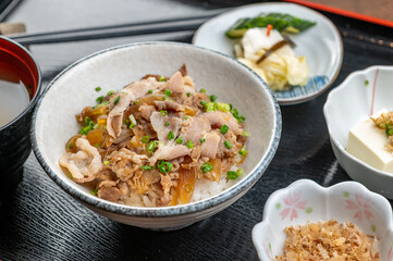 A delicious Japanese dish with pork, rice, and vegetables.