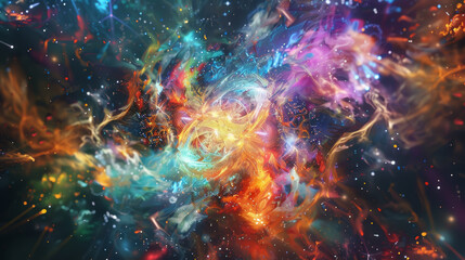 An intense explosion of colorful energy and light, with vibrant swirls of red, blue, and gold creating a mesmerizing and dynamic visual effect.
