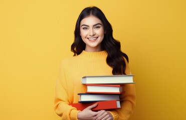 Happy Young Woman Holding Books Against Yellow Background