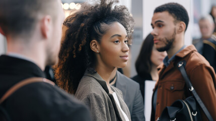 Obraz premium A young woman with curly hair gazes thoughtfully in a crowd, capturing a sense of introspection amidst the busy environment.