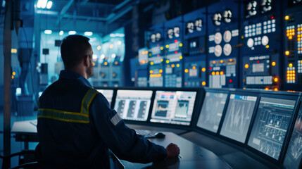 Fototapeta premium A worker monitors complex control panels in a high-tech control room, with multiple screens displaying data and system status.