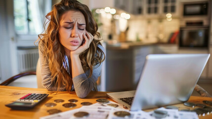 Fototapeta premium A stressed woman sits at a table covered with coins, bills, and documents, staring worriedly at her laptop screen in a bright home office.