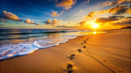 Obraz premium Warm sunlight casts a golden glow on a tranquil beach, with a few footprints leading to the horizon, symbolizing freedom and joyful escapades.