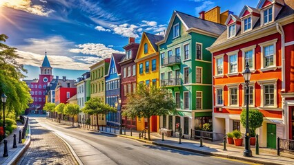 Vibrant city street scene with colorful buildings, clear blue sky, and a sense of joy and freedom, evoking feelings of euphoria and youthful exuberance.