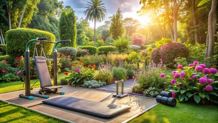Garden scenery with exercise equipment and mats scattered around, emphasizing a serene outdoor setting for a healthy lifestyle, with flowers and lush greenery surrounding.