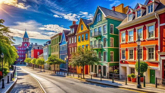 Vibrant city street scene with colorful buildings, clear blue sky, and a sense of joy and freedom, evoking feelings of euphoria and youthful exuberance.