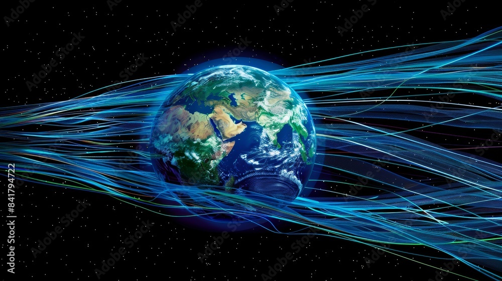 Poster A high-definition illustration of 5G data streams surging across the Earth, represented by vibrant colors and dynamic patterns.