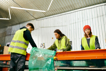 Young volunteers in gloves and safety vests sorting trash together for a cleaner environment.