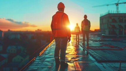 Fototapeta premium Construction Workers at Sunset on Urban Rooftop