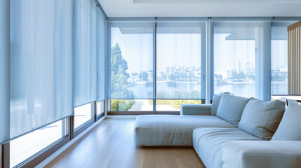 Fototapeta premium Light blue roller blinds bring light into the room with modern fashionable interior design.