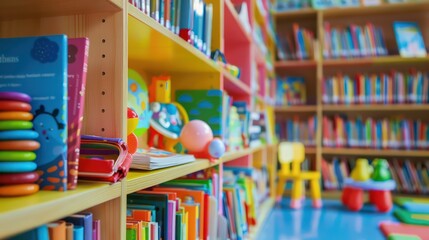 Fototapeta premium A children's section in a library with colorful books and toys, leaving space on the shelves or tables for incorporating text or promotional messages 