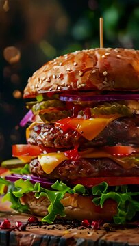 vertical video, layered sliced tasty juicy double cheese burger with fresh lettuce, tomatoes, onions, pickles and melted cheese stacked high, gourmet fast food, restaurant menus, food