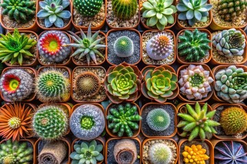 A top-down view of cacti or succulents arranged in a garden, focusing on their geometric shapes and patterns.