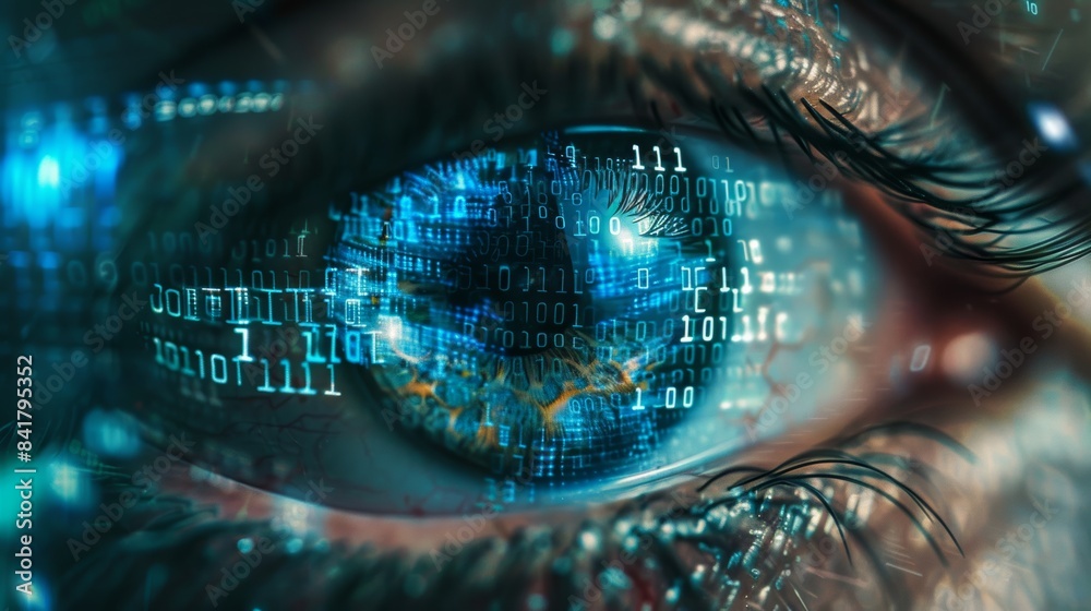 Poster a high-resolution photo of a cyborg eye scanning a digital landscape, with binary code flowing acros