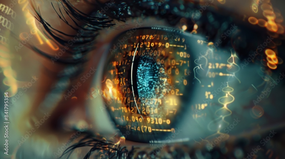 Aufkleber a high-resolution photo of a cyborg eye scanning a digital landscape, with binary code flowing acros