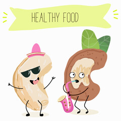 Cute Cashew nut characters, funny nuts, with different activities, outdoor, sports,musical instrument. Organic food, healthy food, illustrations for kids menu.