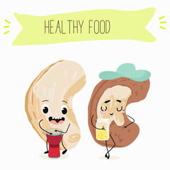 Cute Cashew nut characters, funny nuts, with different activities, outdoor, sports,musical instrument. Organic food, healthy food, illustrations for kids menu.