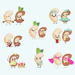 Cute cashew characters set, collection. Flat vector illustration. Activities, playing musical instruments, sports, funny nuts.