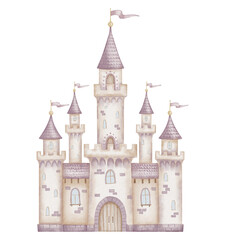 Obraz premium Castle watercolor illustration. Illustration of Fairytale palace with towers in pastel pink colors for baby greeting cards and girl nursery wall art. Magic fortress for kid design and childish poster.