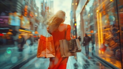 Fototapeta premium Fashionable woman shopping with colorful bags in city street