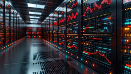 Server aisle with red and white data overlays
