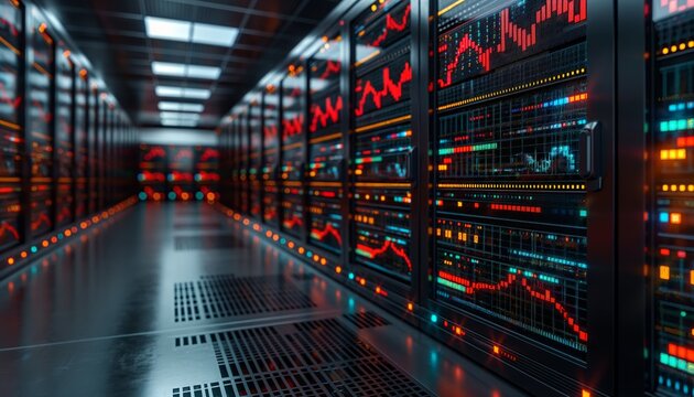 Server aisle with red and white data overlays