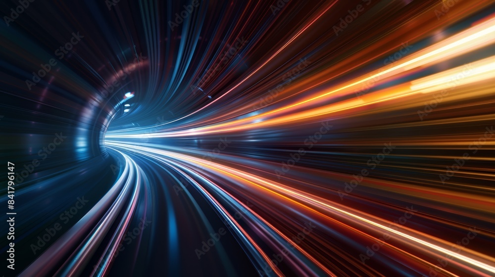 Poster A hyperrealistic depiction of a digital beam of light traveling at the speed of light through a dark tunnel, creating a mesmerizing trail of colors and distortions.