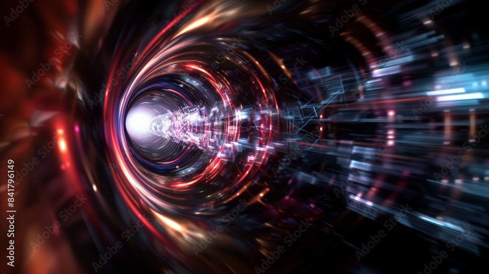 Aufkleber A hyperrealistic animation of a wormhole vortex pulsating with vibrant energy, transporting a spaceship through the depths of space,