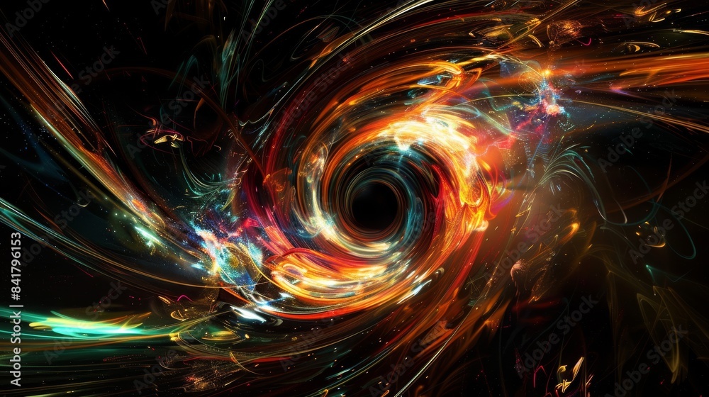 Aufkleber A hyperrealistic animation of a wormhole vortex pulsating with vibrant energy, transporting a spaceship through the depths of space,