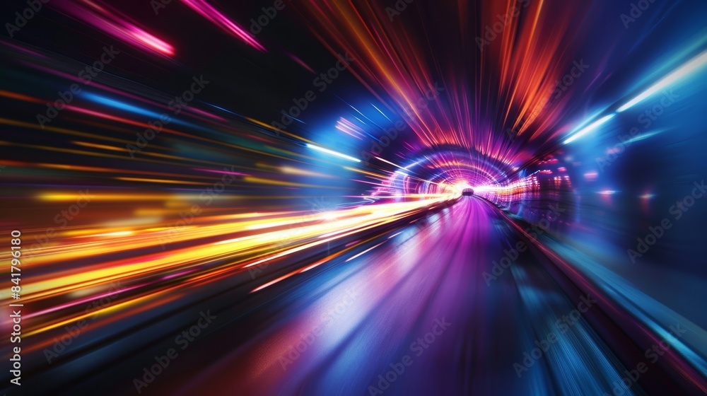 Poster A hyperrealistic depiction of a digital beam of light traveling at the speed of light through a dark tunnel, creating a mesmerizing trail of colors and distortions.