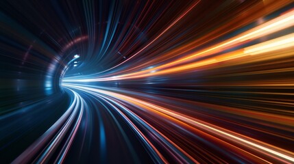 Obraz premium A hyperrealistic depiction of a digital beam of light traveling at the speed of light through a dark tunnel, creating a mesmerizing trail of colors and distortions.