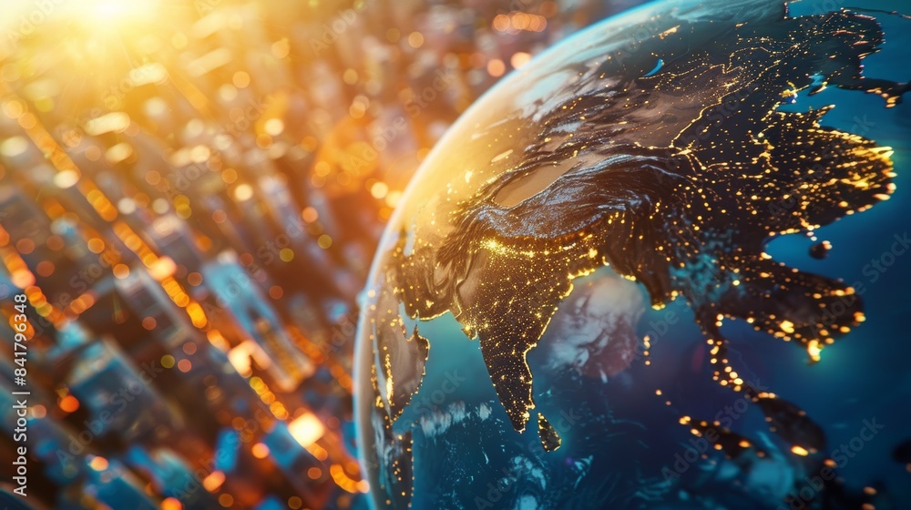 Poster a hyperrealistic digital artwork showcasing a vibrant global business hub on a rotating blue planet,