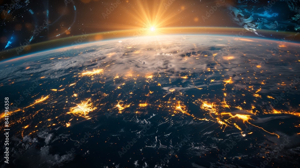 Poster a hyperrealistic digital artwork showcasing a vibrant global business hub on a rotating blue planet,