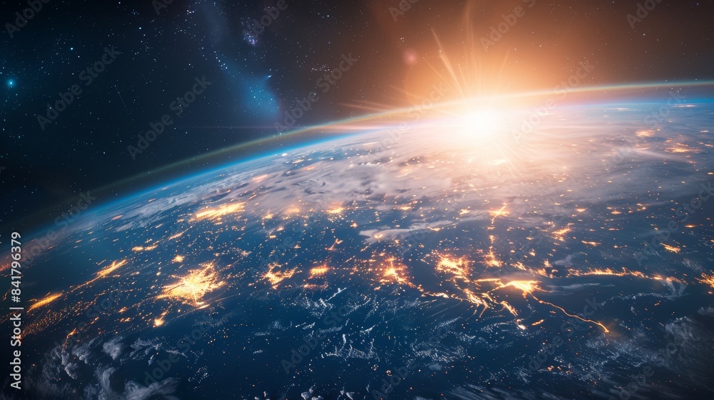 Poster a hyperrealistic digital artwork showcasing a vibrant global business hub on a rotating blue planet,