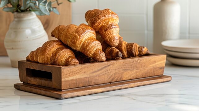 Breadbox and cutting board made of wood displaying croissants on a white marble kitchen table