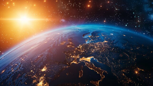 A hyperrealistic digital artwork showcasing a vibrant global business hub on a rotating blue planet, illuminated by the warm glow of the setting sun.