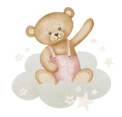Teddy Bear watercolor illustration. Drawing of little cute animal in pastel brown and pink colors for Baby shower invitations or happy birthday greeting cards. Character with cloud and stars for girl.