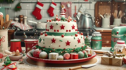 A Christmas cake on a festive platter surrounded by holiday-themed baking supplies and a decorated kitchen backdrop