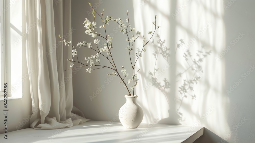 Poster a light gray background with natural light streaming through a window, creating a bright and airy fe