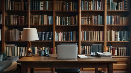 A desk or study area in a library with open books and a laptop, leaving space on the desk or screen for incorporating text 
