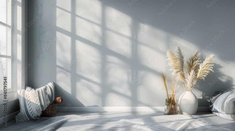 Poster a light gray background with natural light streaming through a window, creating a bright and airy fe