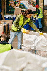 A woman in a green jacket helps sort trash with young volunteers in gloves and safety vests.