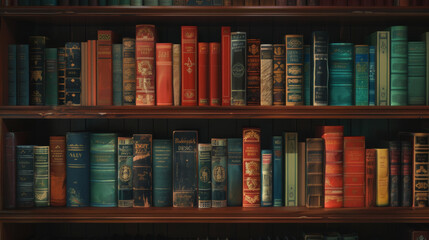 Naklejka premium A bookshelf filled with colorful, vintage books, evoking a sense of wisdom, nostalgia, and intellectual pursuit.