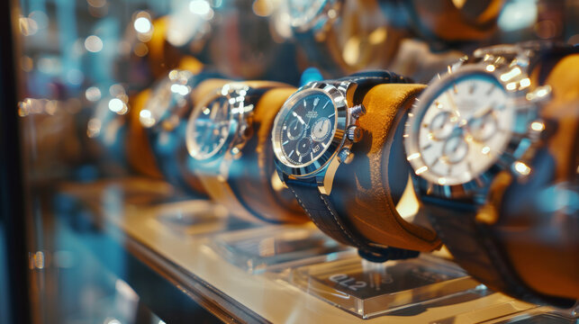 A close-up shot of luxury watches displayed in a glass showcase, highlighting their intricate designs and craftsmanship.