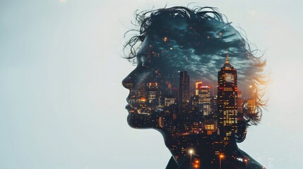 Urban Visionary: Double Exposure of Man and Night Cityscape