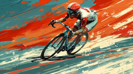 Velodrome Cycling Competition: Illustrate a velodrome cycling competition with streamlined bikes and riders racing on a banked track.