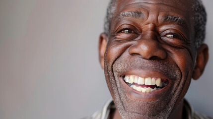 Obraz premium A close-up of an elderly man with a wide smile, exuding warmth and joy, captured against a simple backdrop.