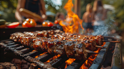 Labour Day celebration with meat on the barbecue and a group of friends enjoying the festive and relaxed atmosphere.