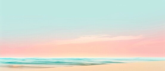 Obraz premium Soft ocean waves gently lap on the shore under a colorful pastel sunset, inviting relaxation in a tropical paradise. The serene beauty creates a tranquil backdrop for summer vacations